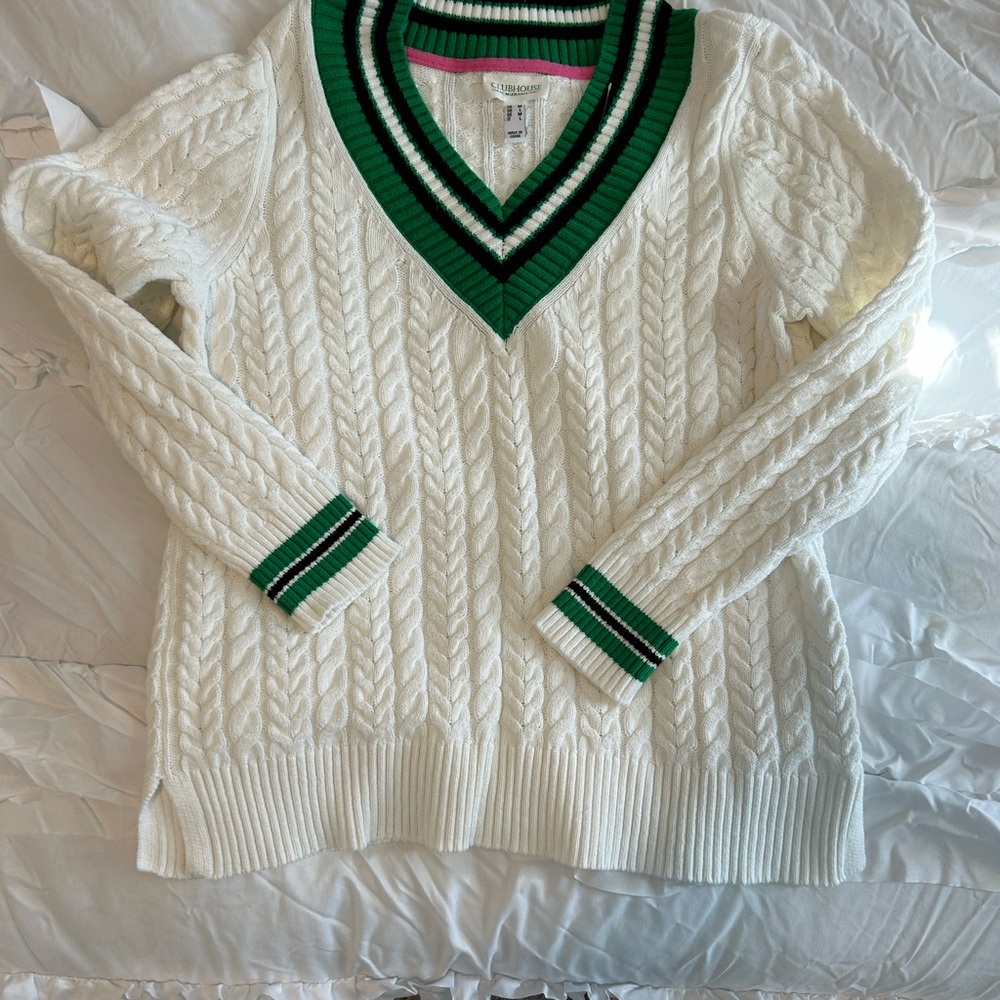 Isaac Mizrahi White V-Neck Sweater with Green Trim